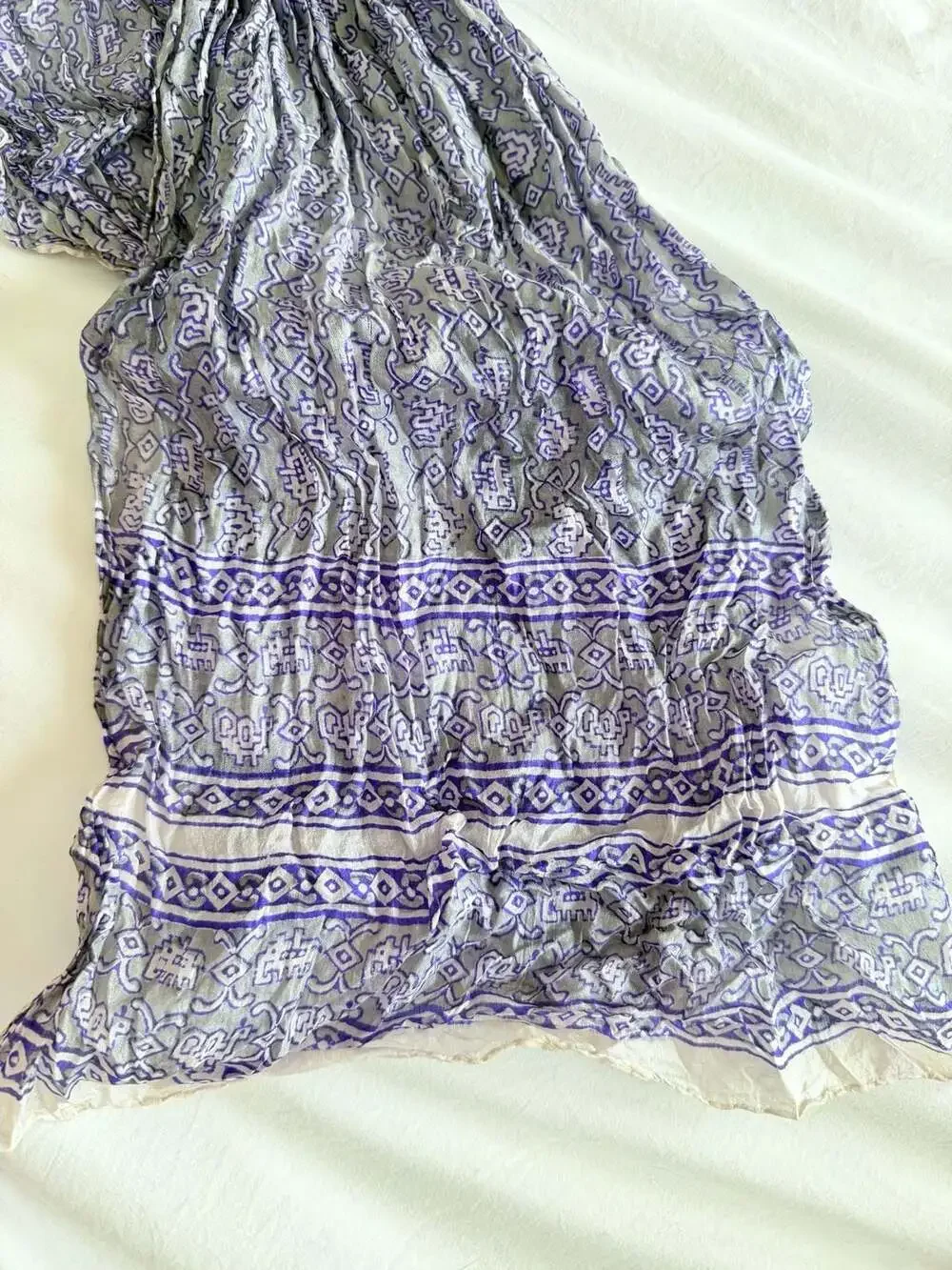 Vintage 100% Silk Purple and Grey Geometric Printed Crinkle Scarf
